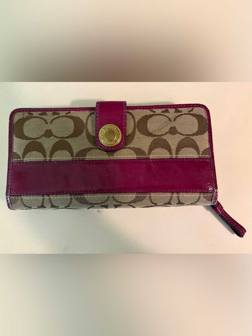 Coach Signature Canvas Zip Top Accordion Style Wallet with Fuchsia Leather Trim